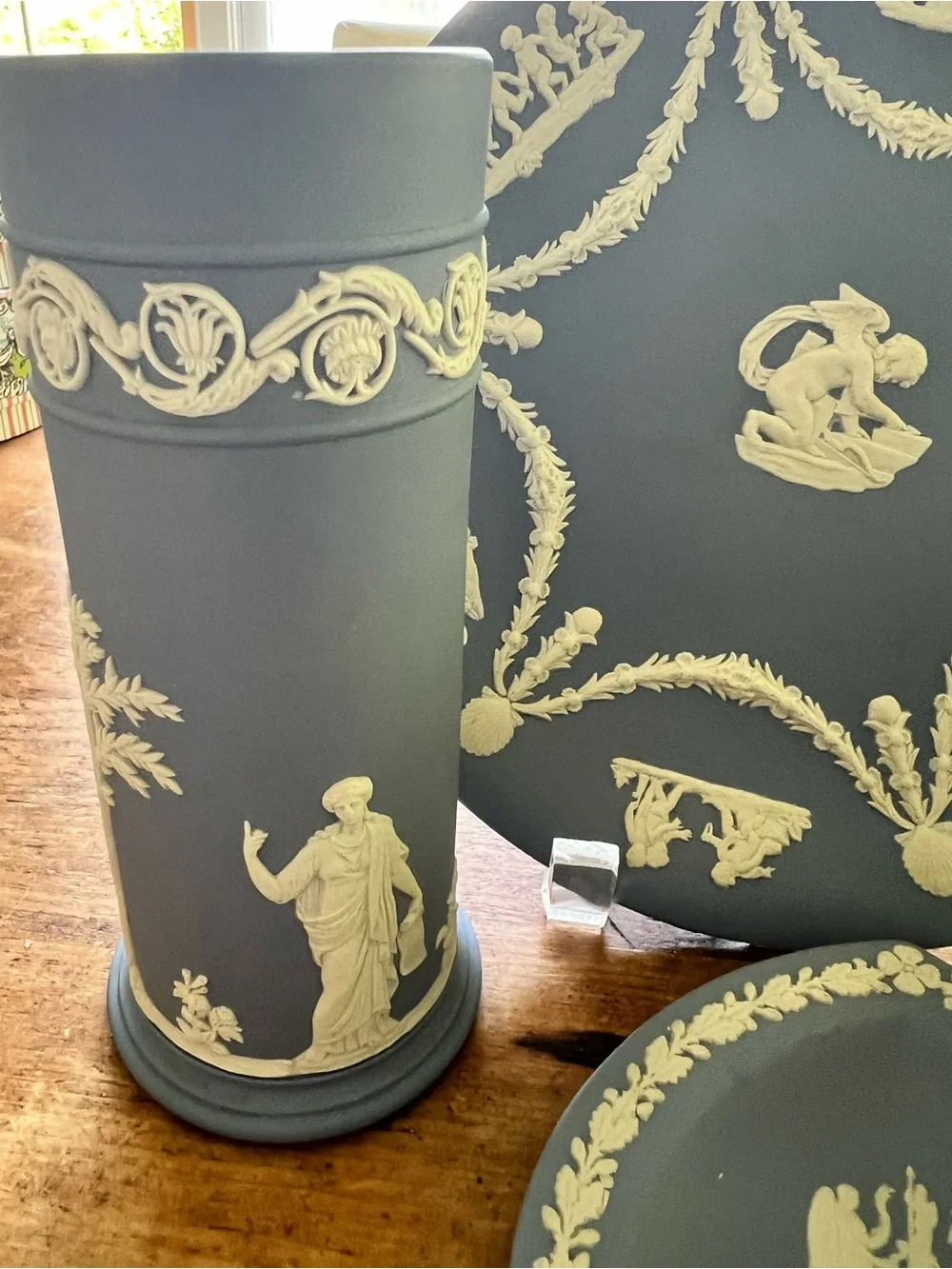 Iconic Wedgwood Blue Jasperware 4 Piece Set Plate, 2 Vases,Trinket Dish Pristine